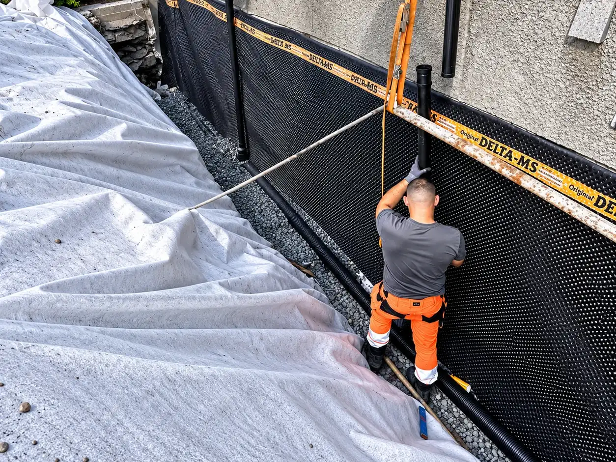 Arbeider som monterer drensplate på en grunnmur med fiberduk og drensrør